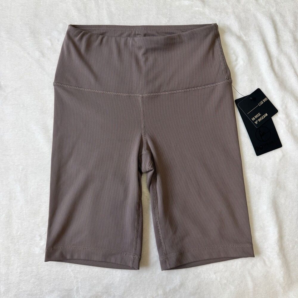 90 Degree by Reflex High Rise Lux Rib Biker Shorts 9" Inseam Mocha XS NWT Yoga